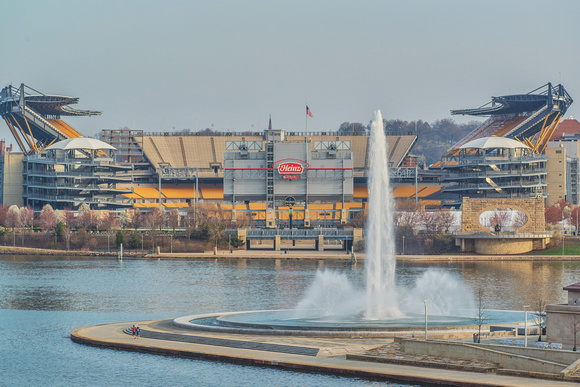 Heinz Field and the fountain at Point State Park
