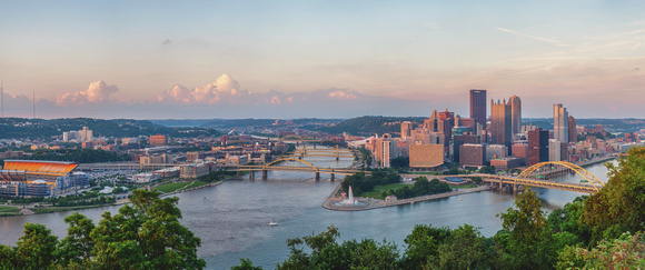 Panorama of the Pittsburgh skyline at sunset