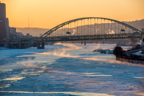 Steaming path through the ice on the Monongahela River in Pittsburgh