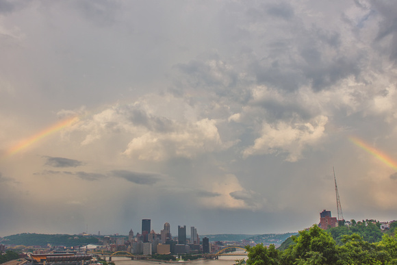 Rainbow over the Pittsburgh skyline from the West End Overlook