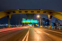 Wide angle view of the Ft. Pitt Bridge and the Pittsburgh skyline