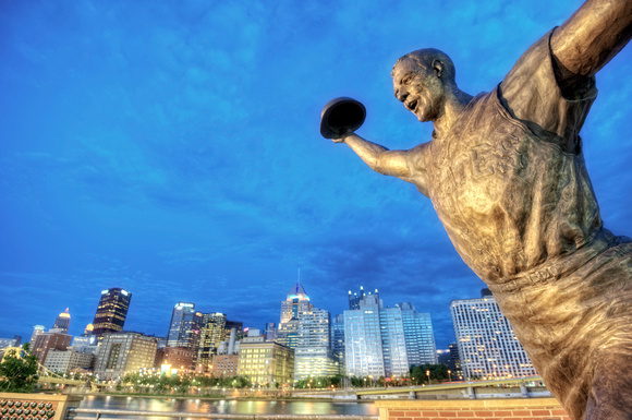 Bill Mazeroski statue and the Pittsburgh skyline HDR