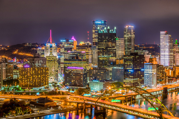 Pittsburgh lit up at night from the Duquesne Incline station HDR
