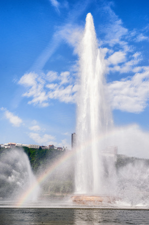 A rainbow in the mist of the fountain at Point State Park in Pittsburgh
