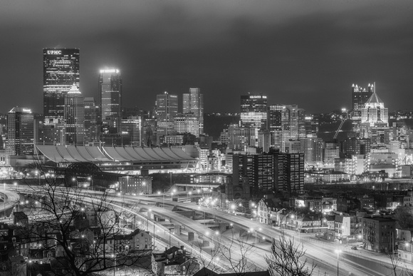 Pittsburgh skyline from the North Side in the early morning B&W