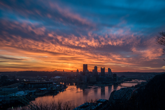 Long exposure of a colorful sunset over Pittsburgh from the West End