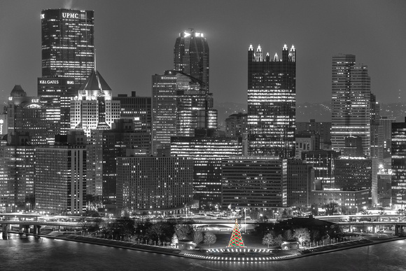 Pittsburgh skyline and the Christmas tree at the Point Selective color