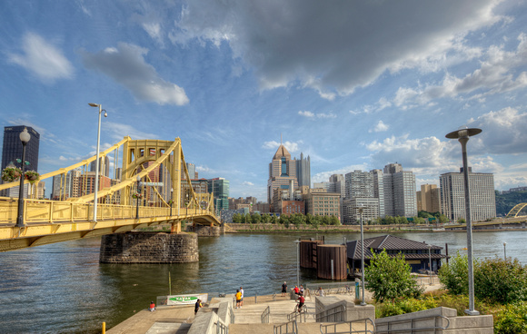 A view of the Pittsburgh skyline and Roberto Clemente Bridge in Pittsburgh