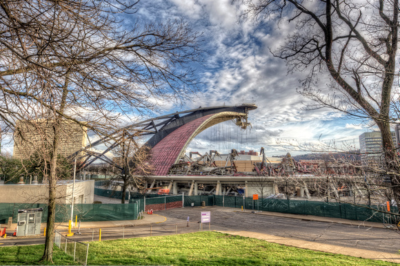CONSOL Energy Center as seen through the trees and deconstruction of the Civic Arena HDR