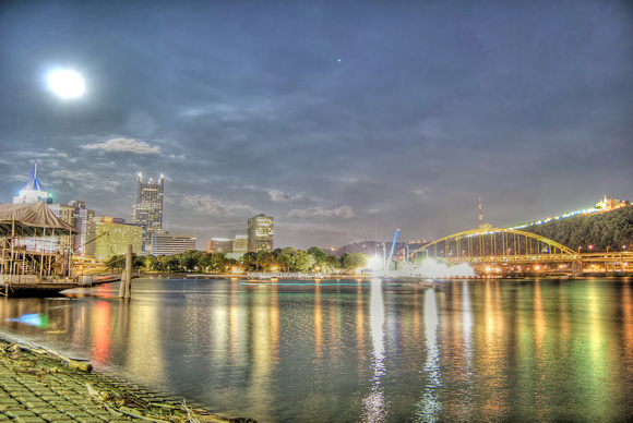 Pittsburgh skyline from North Shore with moon HDR
