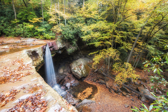 A view of Cucumber Falls in the fall at Ohiopyle State Park from above HDR