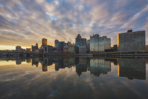 Wide angle view of sunrise over Pittsburgh from the North Shore