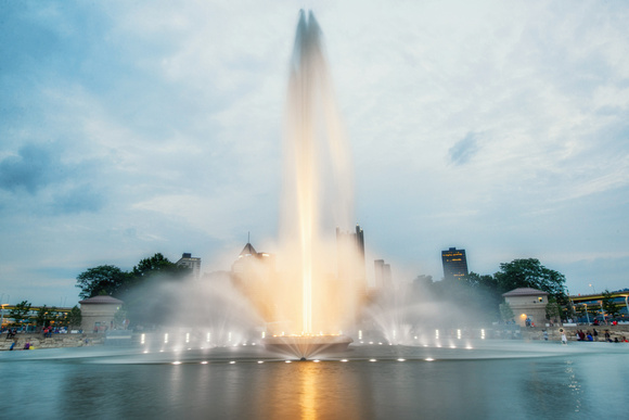 The fountain at Point State Park in Pittsburgh at dusk