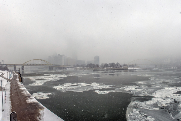 Panorama of Pittsburgh nearly blocked by a snowstorm