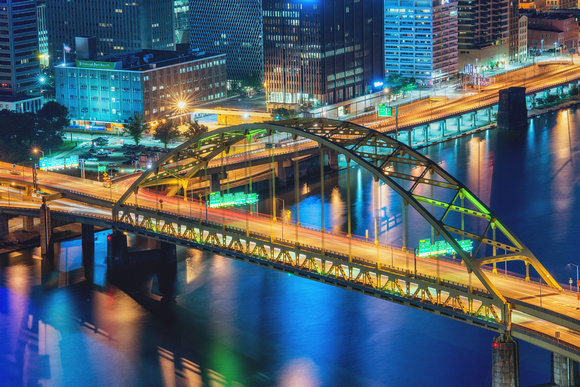 The Ft. Pitt Bridge shines at night in Pittsburgh
