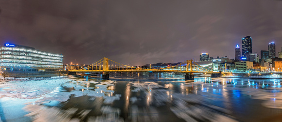 Panorama over the icy Allegheny River in Pittsburgh