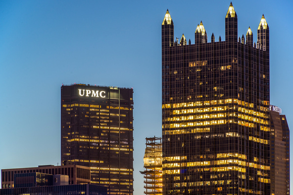 PPG Place and the Steel Building shine before sunrise