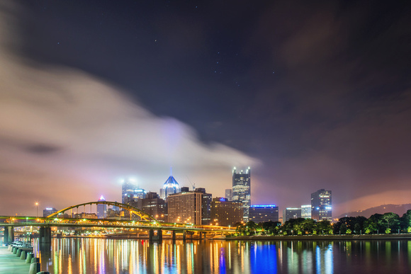 Stars and fog over the Pittsburgh skyline
