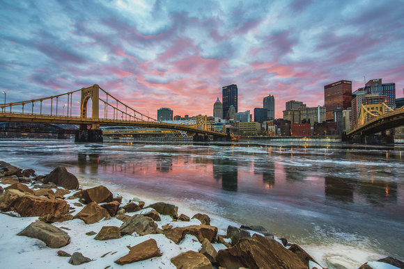 North Shore snow and a colorful Pittsburgh skyline