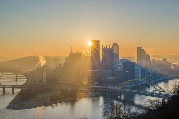 Sunflare through Pittsburgh in the morning from Mt. Washington