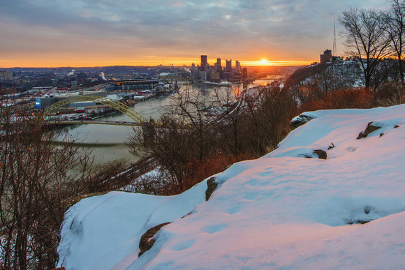Sunlight and snow over Pittsburgh from the West End Overlook