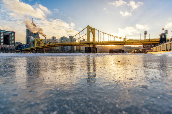 View from ice level of the Roberto Clemente Bridge on the Allegheny River HDR
