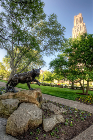 The Pitt Panther and Cathedral of Learning in spring HDR