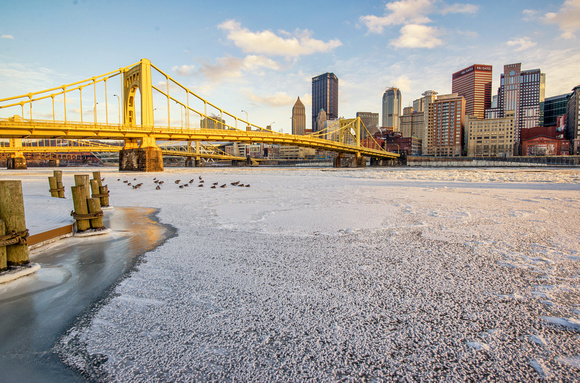 Andy Warhol Bridge and the ice covered Allegheny River in Pittsburgh
