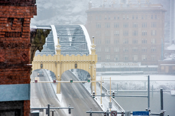 The snow covered 16th Street Bridge in Pittsburgh