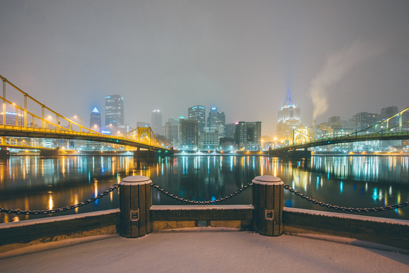 A snow covered North Shore of Pittsburgh
