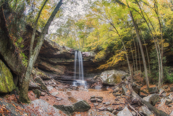 Fisheye view of the area where Cucumber Falls is located at in Ohiopyle State Park HDR