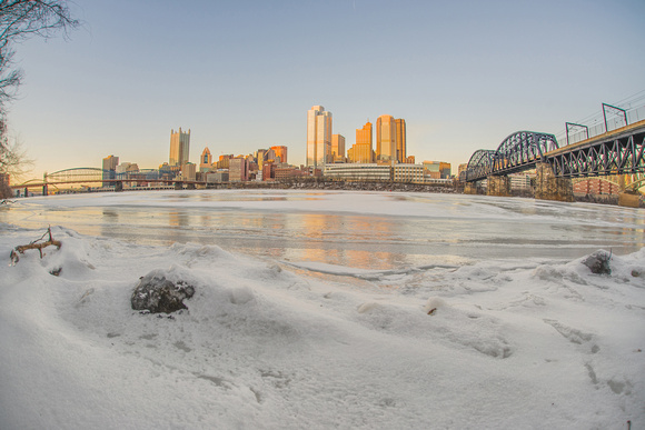 Fisheye view from the edge of the ice on the Monongahela River in Pittsburgh