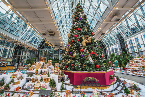 The Christmas tree and gingerbread village at the Winter Garden at PPG Place in Pittsburgh