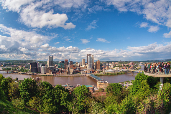 Blue skies in this fisheye view from Mt. Washington in Pittsburgh