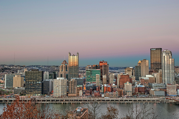 Pittsburgh skyline with colorful sky HDR