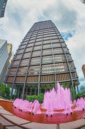 The fountain in front of the Steel Building in Pittsburgh is dyed pink for Breast Cancer Awareness