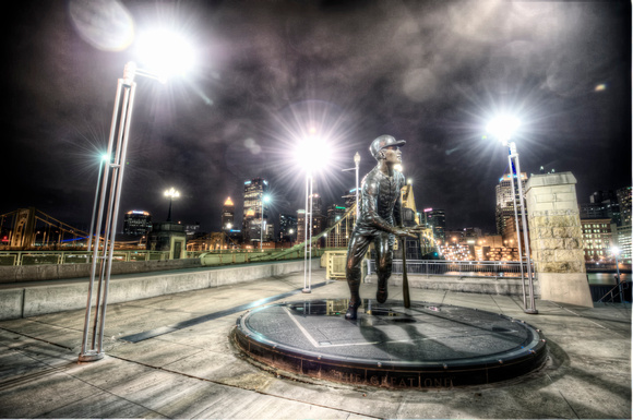 Roberto Clemente Statue outside of PNC Park at night HDR