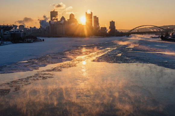 A winter sunrise from the West End Bridge in Pittsburgh