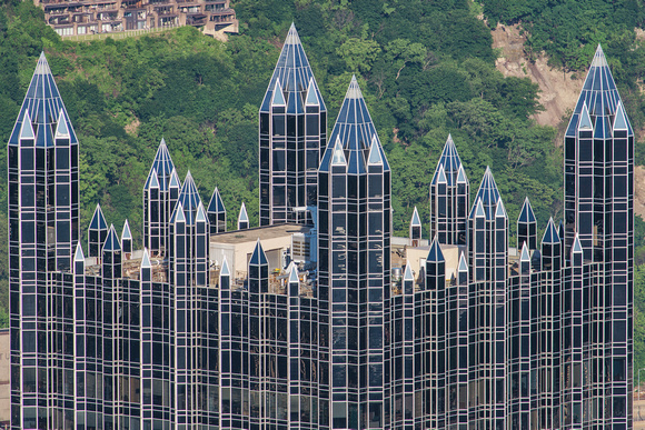 Close spires on the top of the PPG Building in Pittsburgh