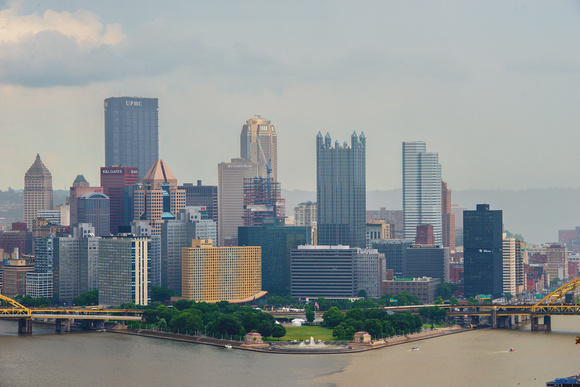 A cloudy Pittsburgh skyline from the West End Overlook