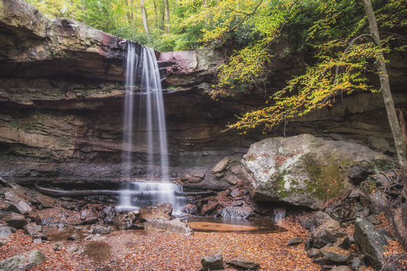 A long exposure in autumn of Cucumber Falls at Ohiopyle State Park from below