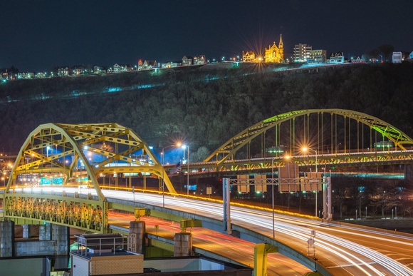 Light trails on the Ft. Duquesne and Ft. Pitt Bridges in Pittsburgh