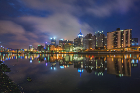 View of the Pittsburgh skyline on the North Shore before dawn
