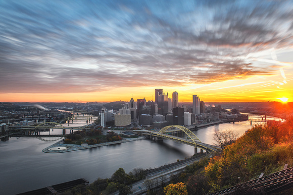 Long exposure sunrise over Pittsburgh in the fall