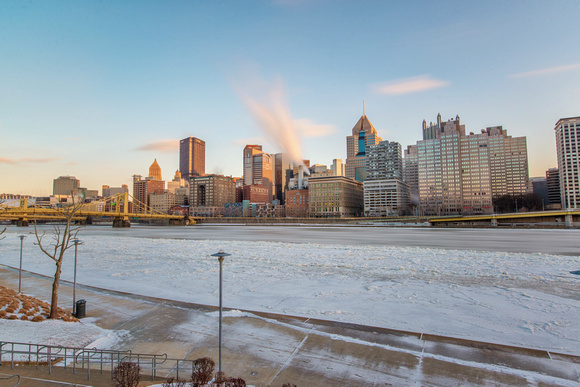 Wide angle long exposure of the Pittsburgh and an icy Allegheny River