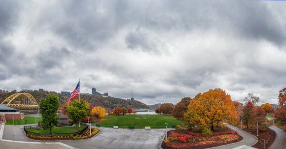 Panorama of a fall day at Point State Park in Pittsburgh