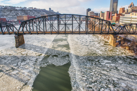 A view of the path from a barge on the icy Monongahela River in Pittsburgh