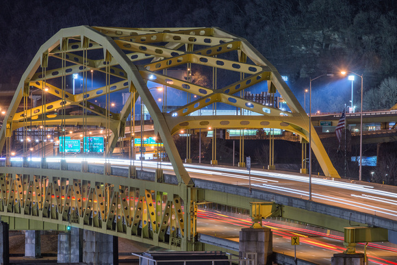 Light trails on the Ft. Pitt Bridge at night