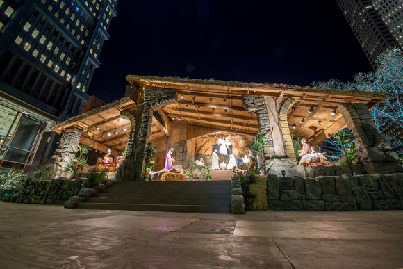 A nighttime view of the Creche in Pittsburgh for Light Up Night