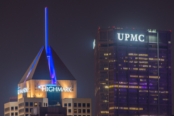 Steel Building and Highmark Building at night in Pittsburgh